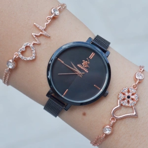 Siyah Hasır Kordon Kadın Saat Kombini 2161