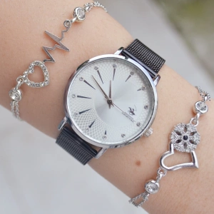 Siyah Hasır Kordon Kadın Saat Kombini 2169