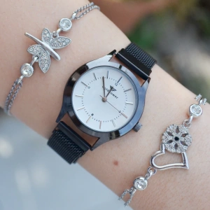 Siyah Hasır Mıknatıslı Kordon Kadın Saat Kombini 3133