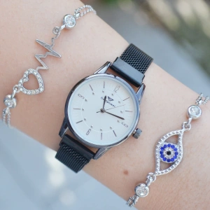 Siyah Hasır Mıknatıslı Kordon Kadın Saat Kombini 3137