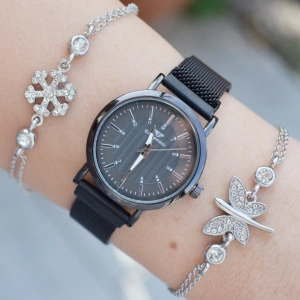 Siyah Hasır Mıknatıslı Kordon Kadın Saat Kombini 3155