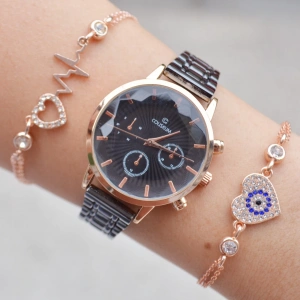 Siyah Metal Kordon Kadın Saat Kombini 1313