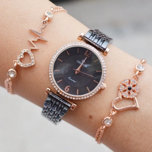 Siyah Metal Kordon Kadın Saat Kombini 1451