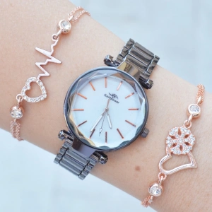 Siyah Metal Kordon Kadın Saat Kombini 2808