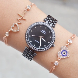 Siyah Metal Kordon Kadın Saat Kombini 2832