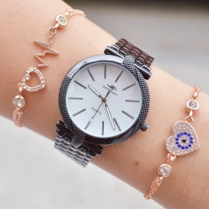 Siyah Metal Kordon Kadın Saat Kombini 9625