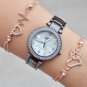 Siyah Metal Kordon Kadın Saat Kombini 9735