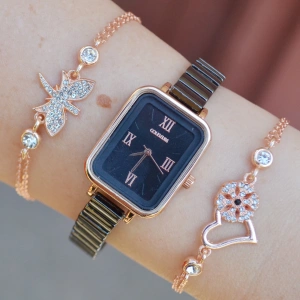 Siyah Rose Metal Kordon Kadın Saat Kombini 2226