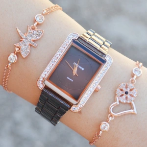 Siyah Rose Metal Kordon Taşlı Kadın Saat Kombini 9332