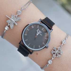 Siyah Hasır Mıknatıslı Kordon Kadın Saat Kombini 3152