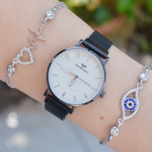 Siyah Hasır Mıknatıslı Kordon Kadın Saat Kombini 3153