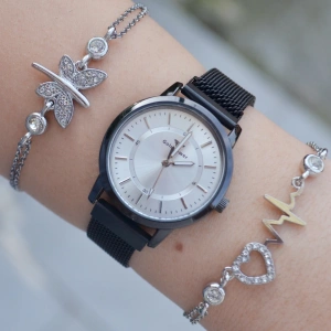 Siyah Hasır Mıknatıslı Kordon Kadın Saat Kombini 3171