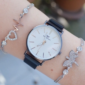 Siyah Hasır Mıknatıslı Kordon Kadın Saat Kombini 3177