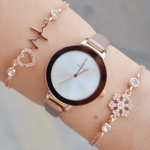 Somon Rengi Deri Kordon Kadın Saat Kombini 1498