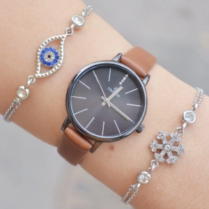 Taba Deri Kordon Kadın Saat Kombini 1499