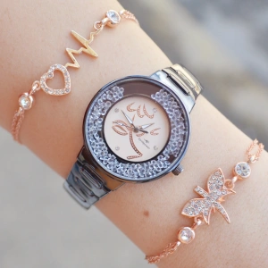 Taşlı Siyah Metal Kordon Kadın Saat Kombini 1077