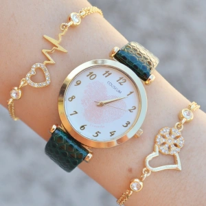 Yeşil Deri Kordon Kadın Saat Kombini 3656