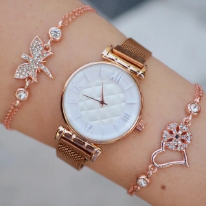 Rose Gold Hasır Mıknatıslı Kordon Kadın Saat Kombini 1000