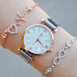 Silver Rose Hasır Mıknatıslı Kordon Kadın Saat Kombini 1004