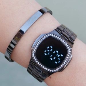 Siyah Metal Kordon Çelik Bileklikli Dokunmatik Dijital Kadın Saat Kombini 1057