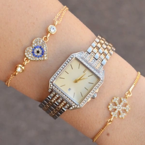Taşlı Silver-Gold Metal Kadın Saat Kombini 1068