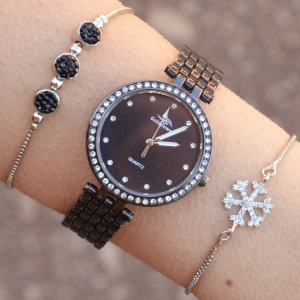 Taşlı Siyah Metal Kordon Kadın Saat Kombini 1093