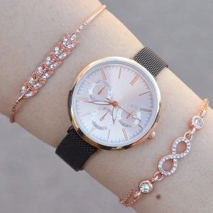 Siyah Hasır Mıknatıslı Kordon Kadın Saat Kombini 1131