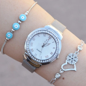 Taşlı Silver Hasır Mıknatıslı Kordon Kadin Saat Kombini 1135