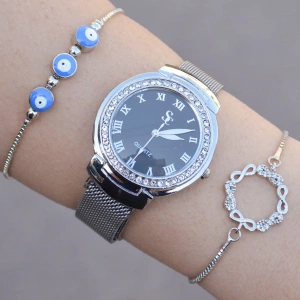 Taşlı Silver Hasır Mıknatıslı Kordon Kadın Saat Kombini 1139