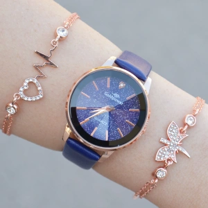 Koyu Mavi Deri Kordon Kadın Saat Kombini 1163