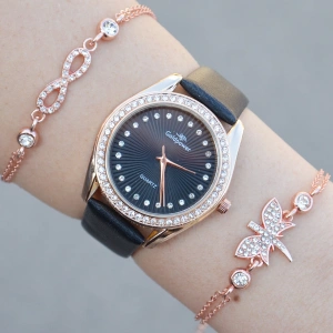 Siyah Deri Kordon Taşlı Kadın Saat Kombini 1165