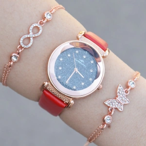 Kırmızı Deri Kordon Kadın Saat Kombini 1175