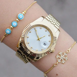 Gold Metal Kordon Kadın Saat Kombini 1203