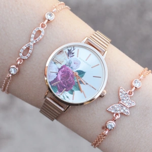 Rosegold Metal Kordon Kadın Saat Kombini 1219