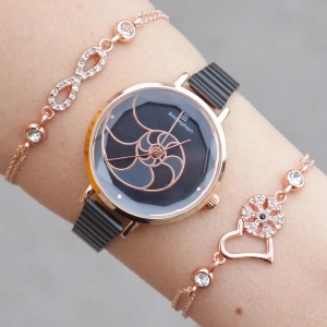 Siyah Metal Kordon Kadın Saat Kombini 1229