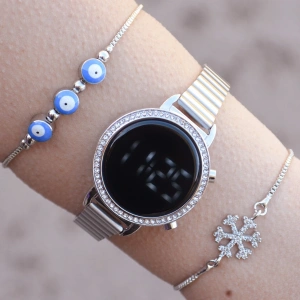 Silver Metal Kordon Taşlı Dijital Kadın Saat Kombini 1234