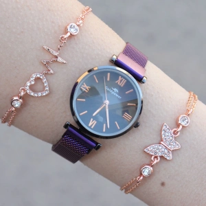 Mor Hasır Mıknatıslı Kordon Kadın Saat Kombini 1246