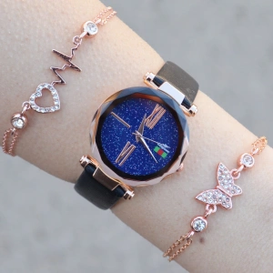 Siyah Deri Kordon Kadın Saat Kombini 1254