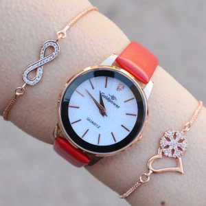 Kırmızı Deri Kordon Kadın Saat Kombini 1255