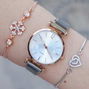 Silver Hasır Mıknatıslı Kordon Kadın Saat Kombini 1323