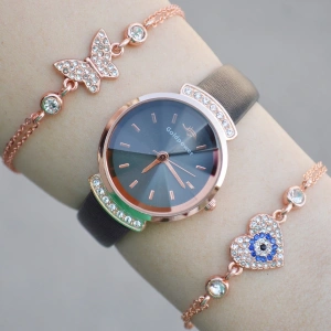 Siyah Deri Kordon Kadın Saat Kombini 1379