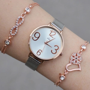 Rose Kasa Silver Hasır Kordon Kadın Saat Kombini 1424