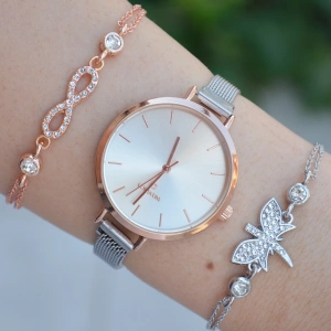 Rose Kasa Silver Hasır Mıknatıslı Kordon Kadın Saat Kombini 1455