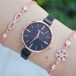 Rose Kasa Siyah Hasır Mıknatıslı Kordon Kadın Saat Kombini 1459