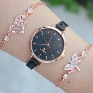 Rose Kasa Siyah Hasır Mıknatıslı Kordon Kadın Saat Kombini 1460