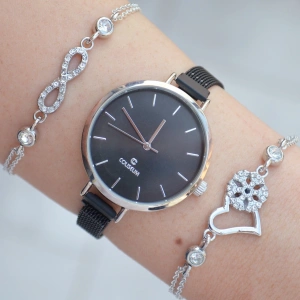 Silver Kasa Siyah Hasır Mıknatıslı Kordon Kadın Saat Kombini 1461
