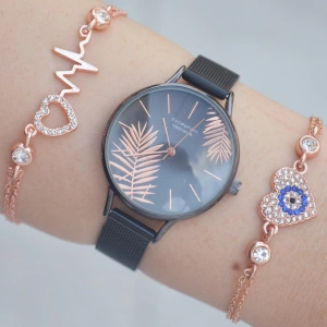 Siyah Hasır Kordon Kadın Saat Kombini 1472