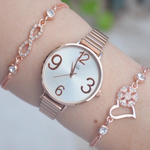 Rosegold Metal Kordon Kadın Saat Kombini 1478