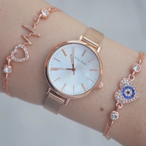 Rosegold Hasır Kordon Kadın Saat Kombini 1480