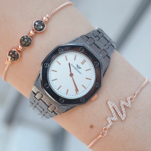 Siyah Metal Kordon Kadın Saat Kombini 1528